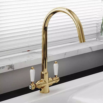 Astini Colonial English Gold & White Ceramic Handle Kitchen Sink Mixer Tap