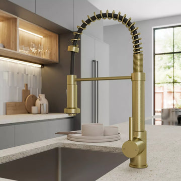 Brushed Brass Pull Out Kitchen Mixer Tap Single Lever Mono Swivel Spout Modern