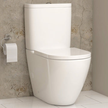 Bathroom Rimless Close Coupled Toilet Round White Dual Cistern, Soft Close Seat