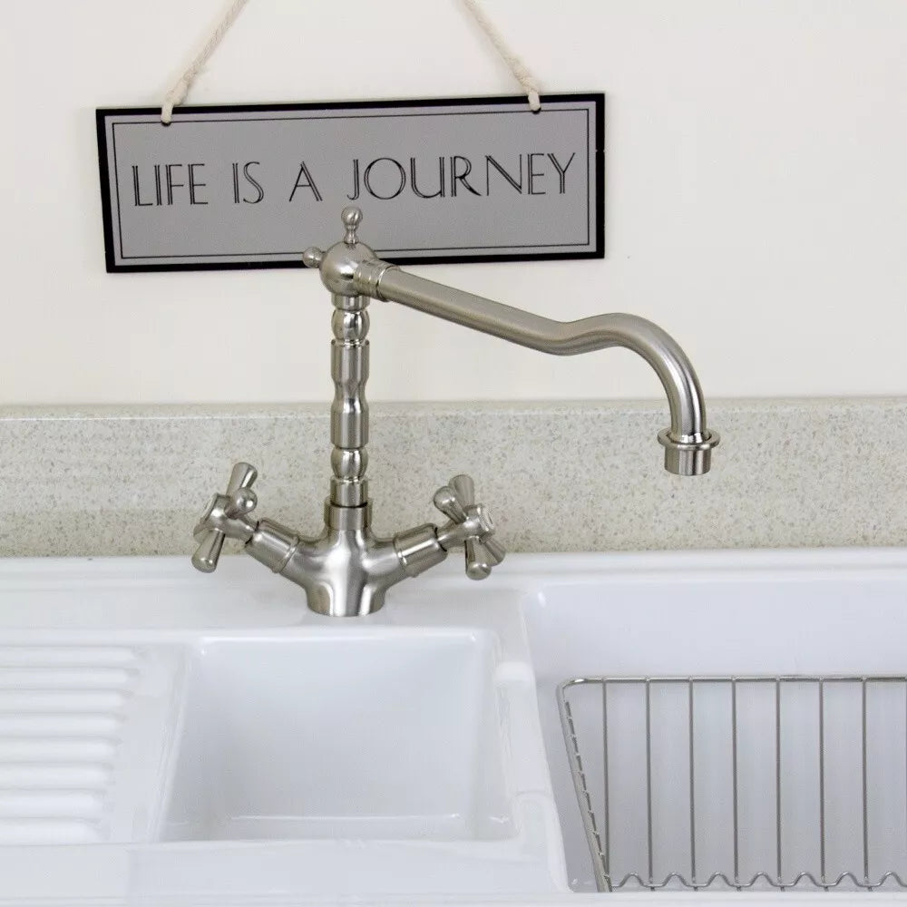 Astini Traditional Brushed Steel Twin Handle Kitchen Sink Mixer Tap 25411BS