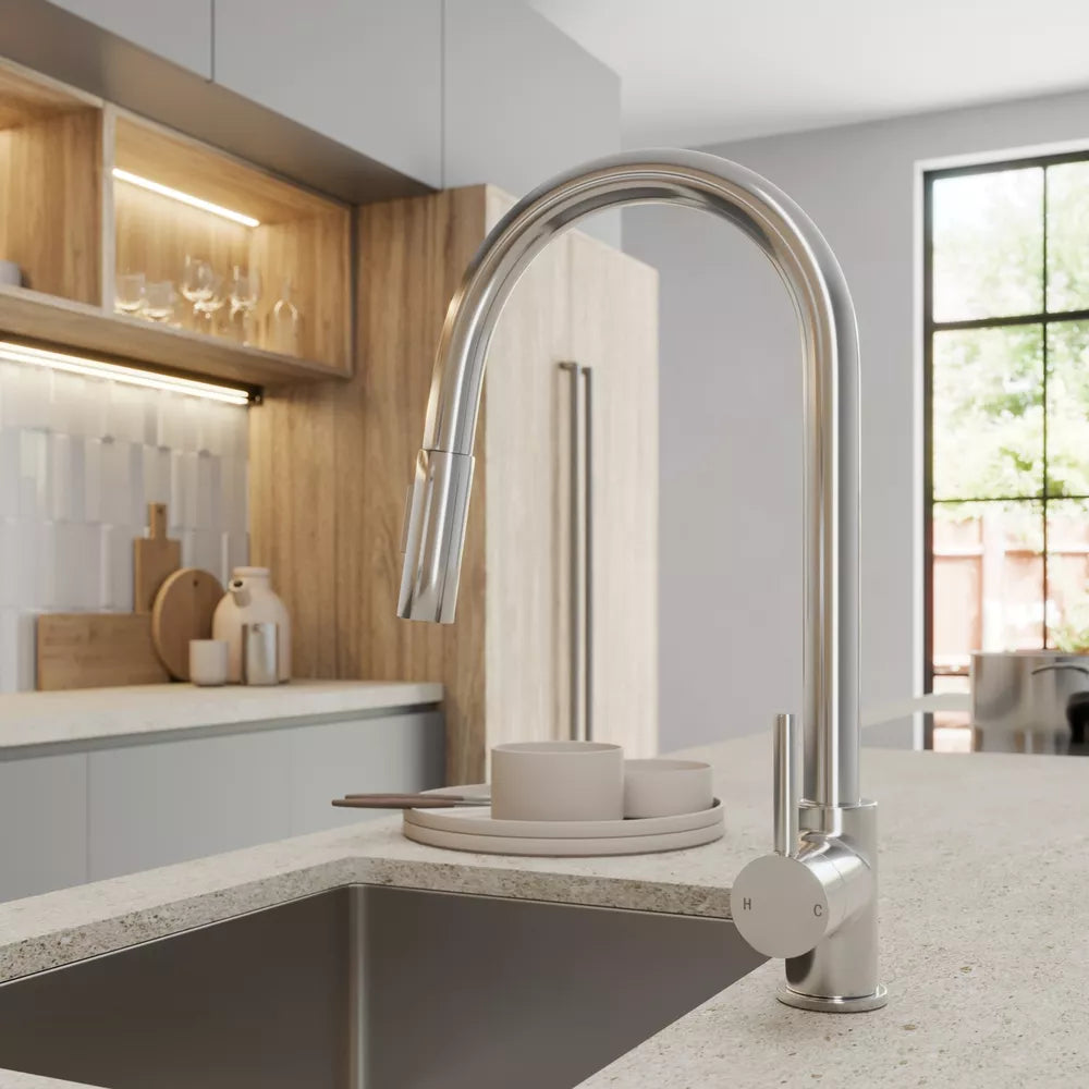 Chrome Pull Out Kitchen Mixer Tap Dual Spray Swivel Spout Single Lever Brass