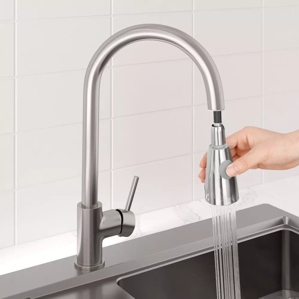 Kitchen Mono Mixer Tap Single Lever Pull Out Swivel Spout Brushed Finish