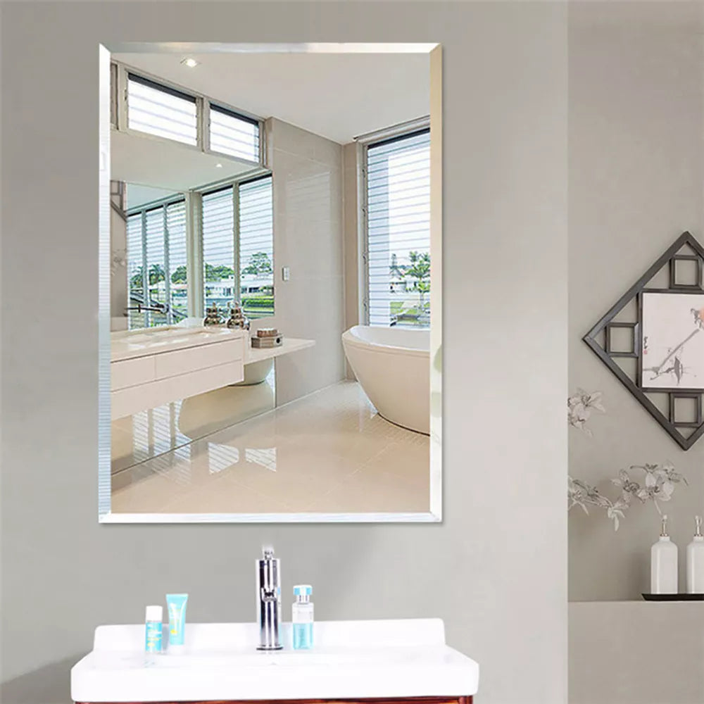 Self Adhesive Wall Mounted Bathroom Mirror Plain Rectangle Frameless Bevelled