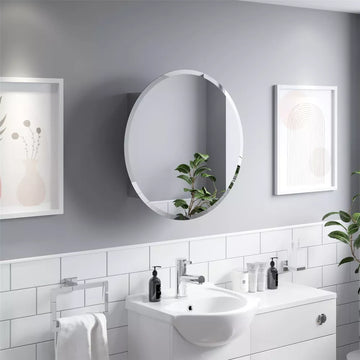 Bathroom Round Door Mirror Stainless Steel Sleek Modern Cabinet 600 x 600mm