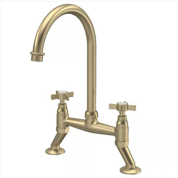 Astini Victoria Brushed Brass Twin Crosshead Kitchen Sink Bridge Mixer Tap