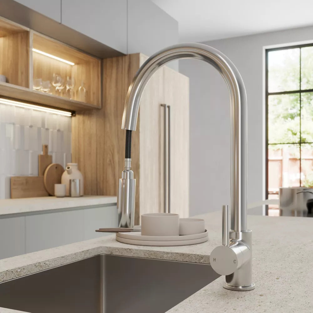 Chrome Pull Out Kitchen Mixer Tap Dual Spray Swivel Spout Single Lever Brass