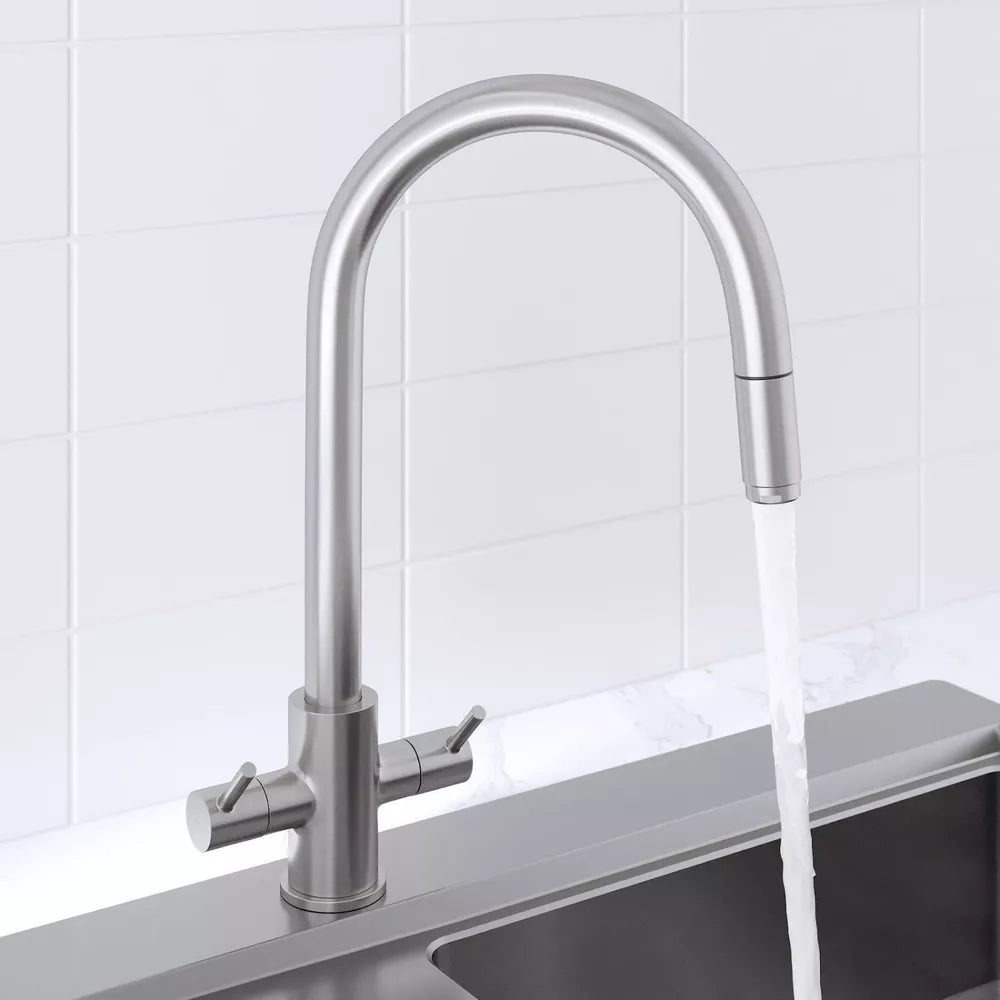 Pull Out Kitchen Mixer Tap Brass Double Lever Spout Brushed Nickel Finish Modern