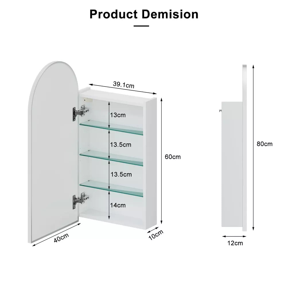 Arched Bathroom Mirror Cabinet Metal Framed Premium Silver Wall Mounted Storage
