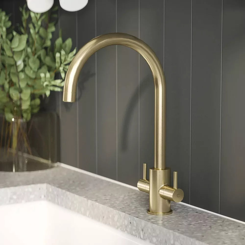 Nuie Lachen Mono Kitchen Sink Mixer Swivel Tap Brushed Brass Dual Lever Handle