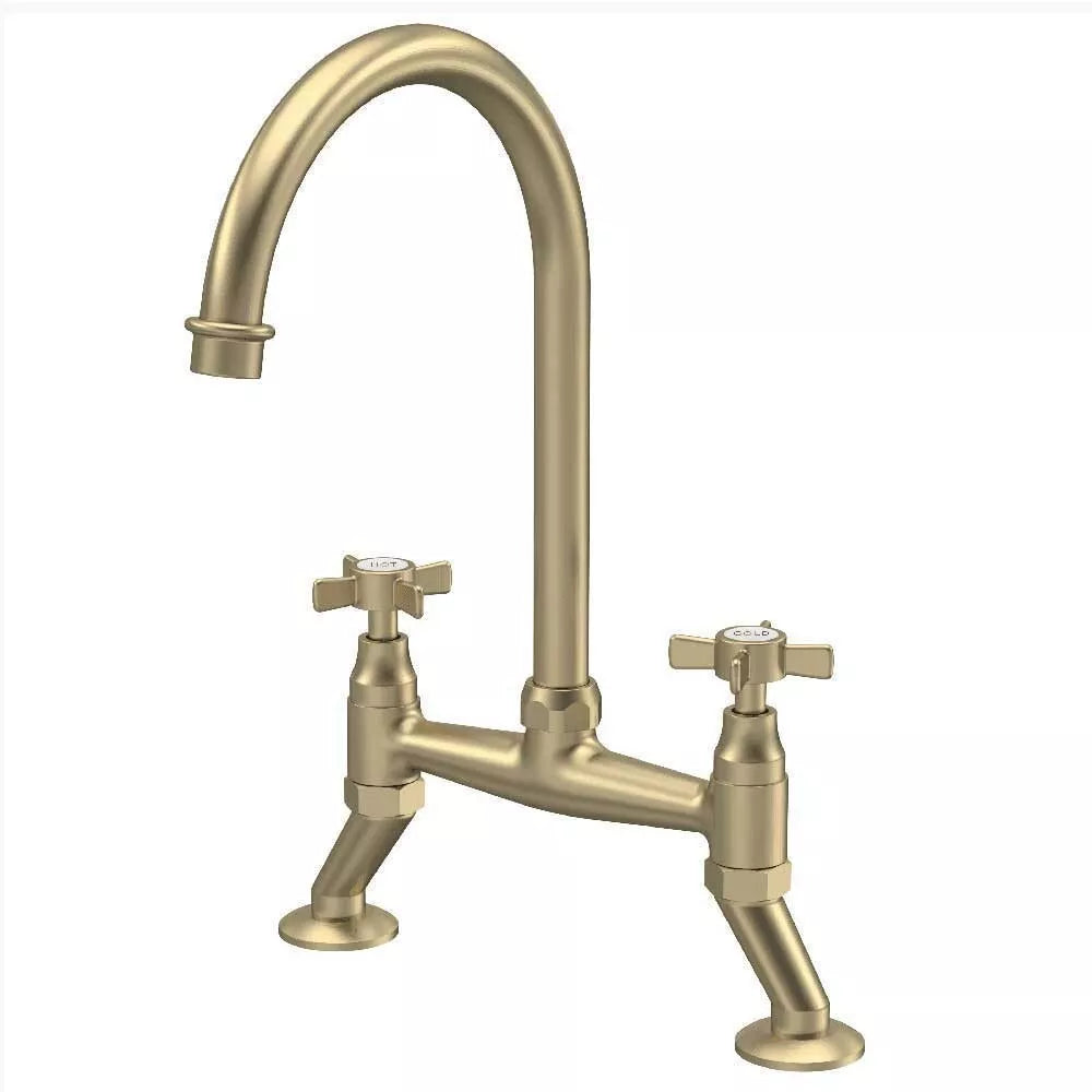 Astini Victoria Brushed Brass Twin Crosshead Kitchen Sink Bridge Mixer Tap