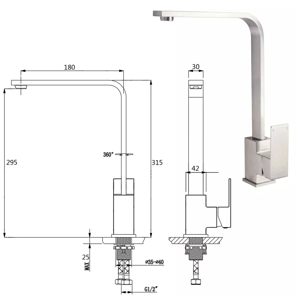 Brushed Kitchen Sink Mixer Tap Square Swivel Spout Single Lever Mono Faucet