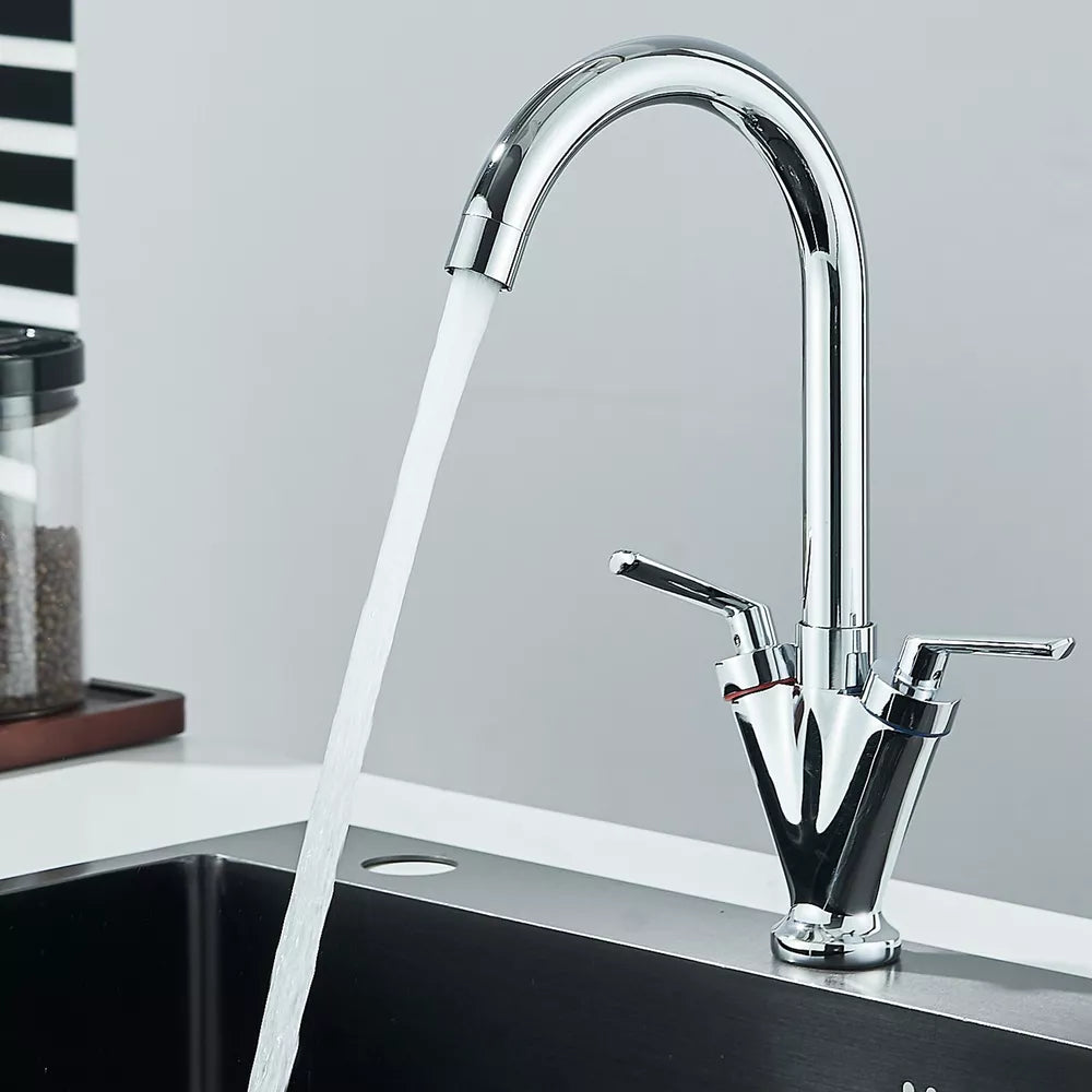 Modern Kitchen Sink Mixer Taps Swivel Spout Dual Lever Tap Mono Chrome Faucet