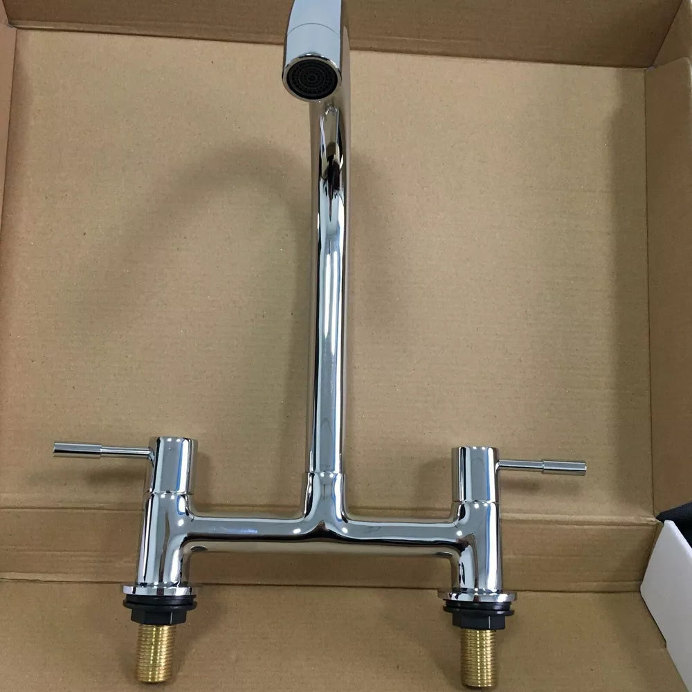Modern Dual Lever Chrome Kitchen Sink Mixer Taps 2 Hole Deck Mounted Tap Faucet
