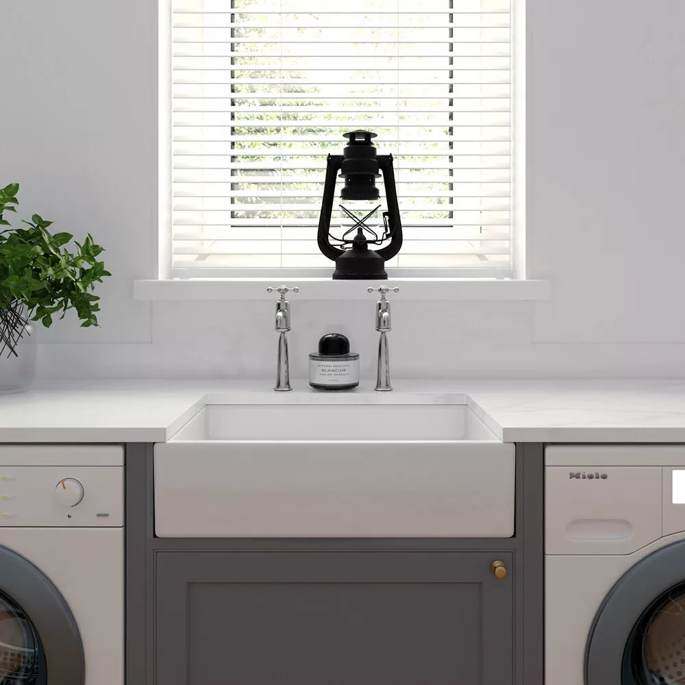 Medium Gloss White 600x400x160 Ceramic Belfast Butler Kitchen Sink & Waste
