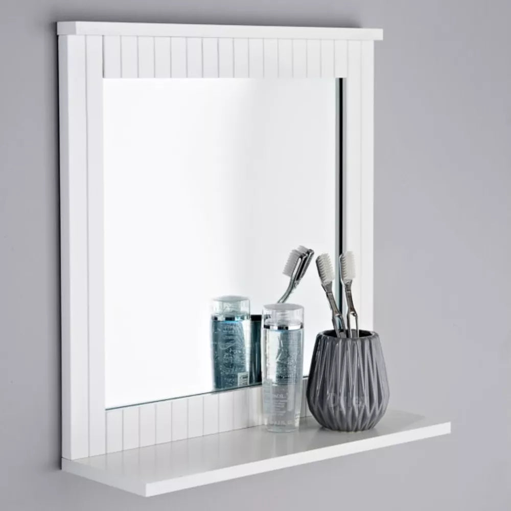 MAINE White Bathroom Wood Frame Mirror Wall Mounted with Cosmetics Shelf