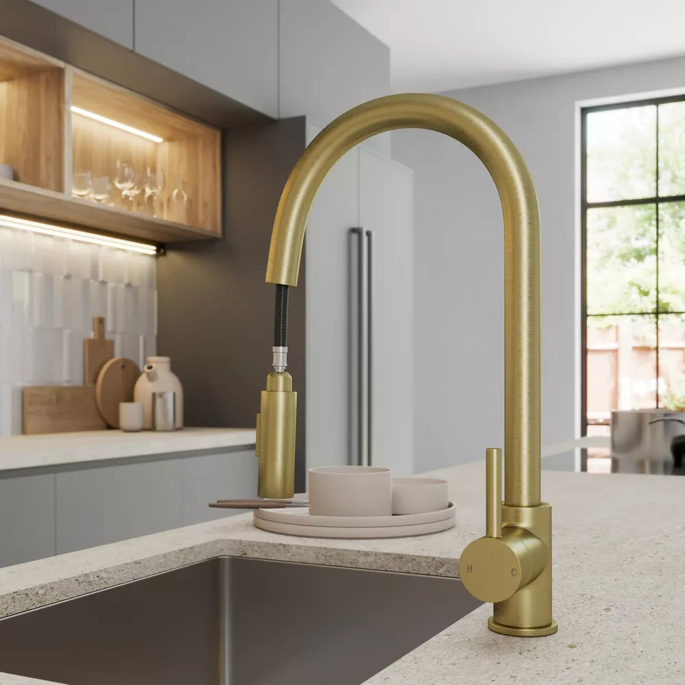 Pull Out Kitchen Mixer Tap Dual Spray Swivel Spout Single Lever Brushed Brass