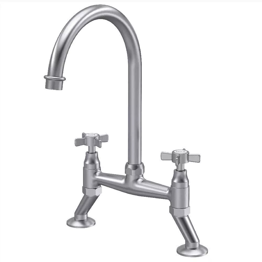 Astini Victoria Brushed Nickel Twin Crosshead Kitchen Sink Bridge Mixer Tap