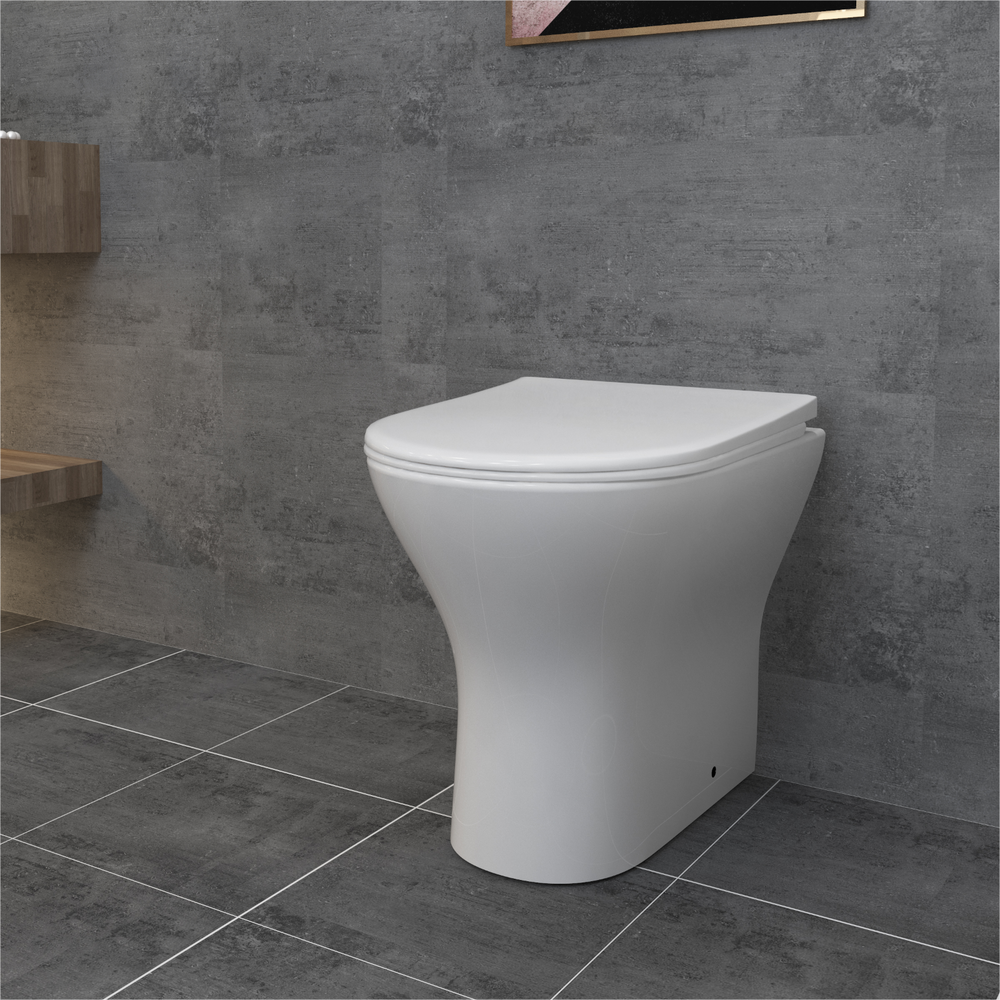 Bathroom Back to Wall Toilet Modern Pan Soft Close Seat Space Saving White