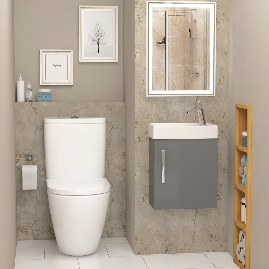 Bathroom Rimless Close Coupled Toilet Round White Dual Cistern, Soft Close Seat