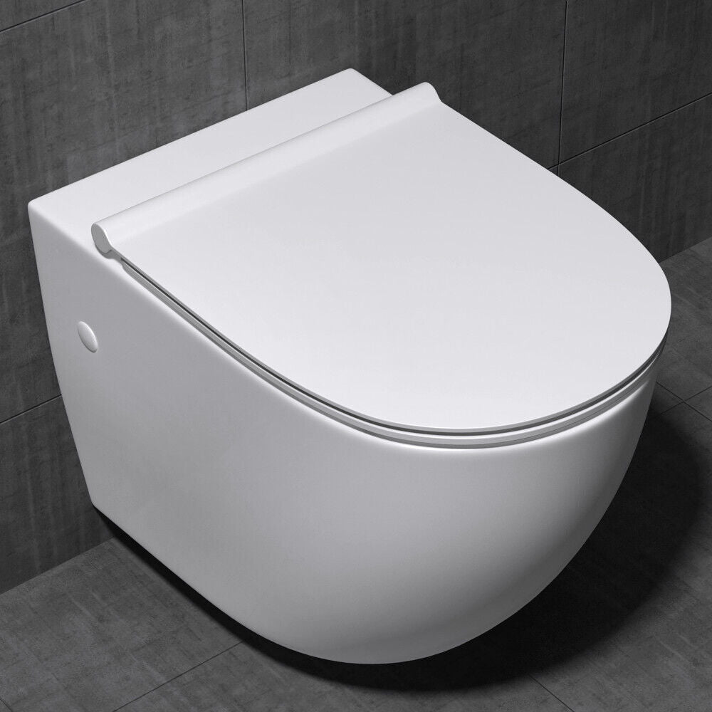 Bathroom Toilet Pan Ceramic Wall Hung Round WC White + Soft Close Seat 555mm