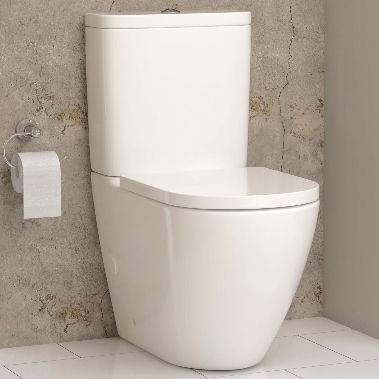 Bathroom Rimless Close Coupled Toilet Round White Dual Cistern, Soft Close Seat